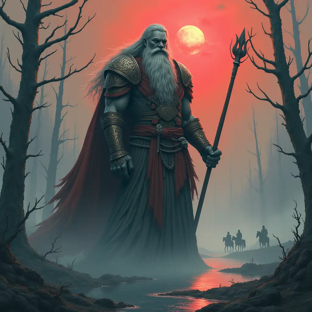 Mega metal titan, 15 meters tall old-fashioned, with patterned costume, long grey beard hair in braids by the lake, dead trees, giant snake spear, horses red sky, strong fog with many people