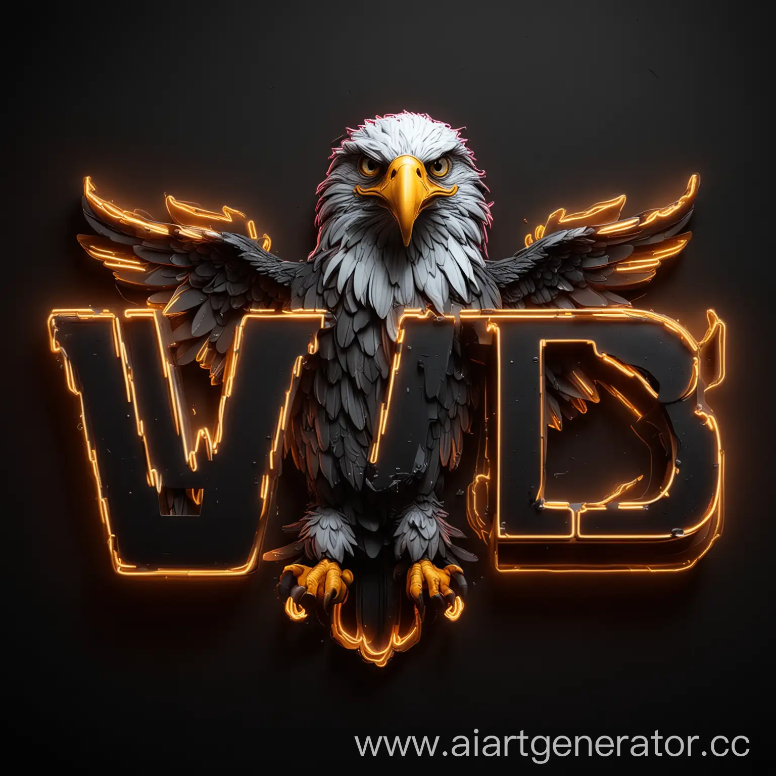 Cartoon-Eagle-Above-Neon-WD-Lettering-on-Black-Background