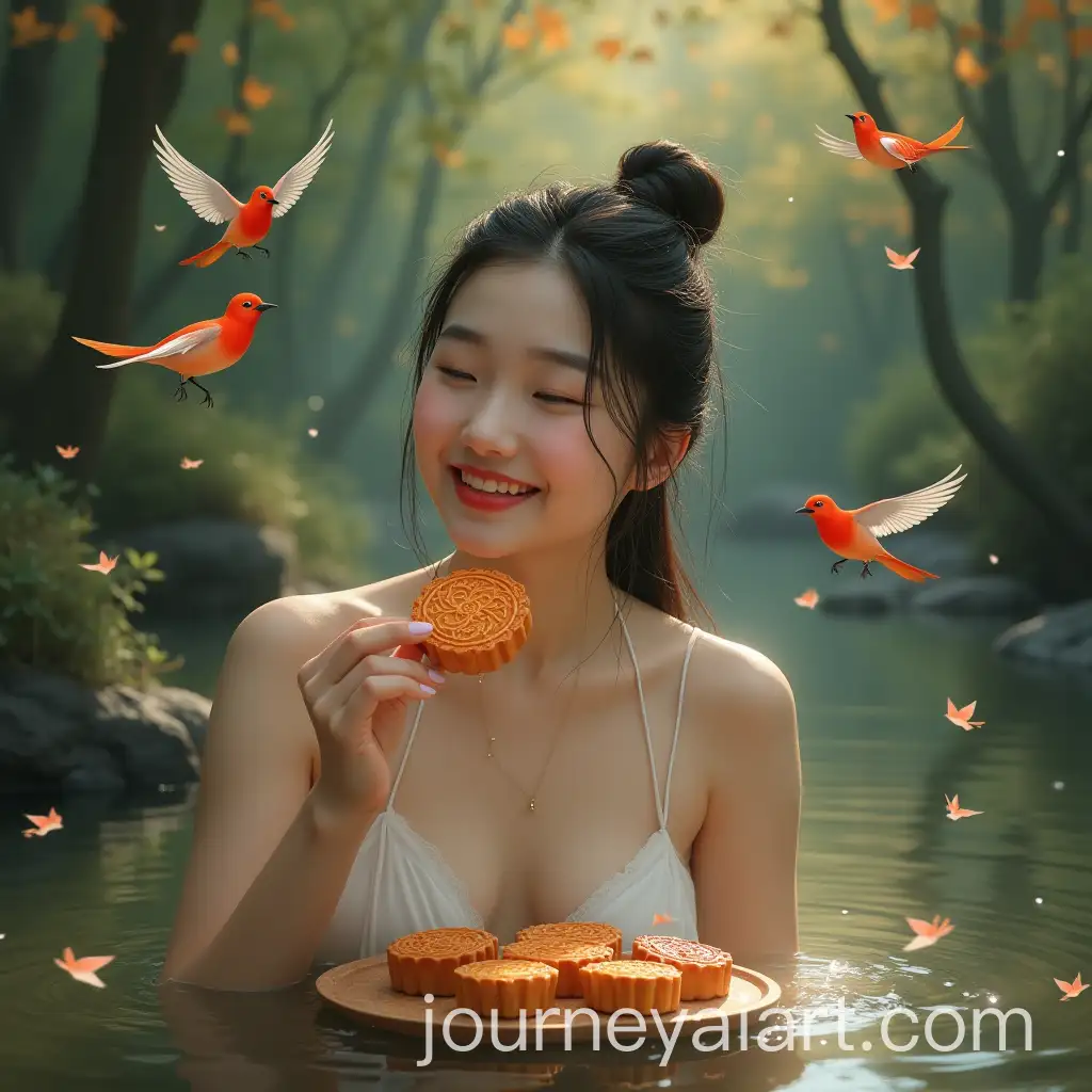 Smiling-Chinese-Woman-Eating-Moon-Cake-by-Forest-Stream-with-Colorful-Birds