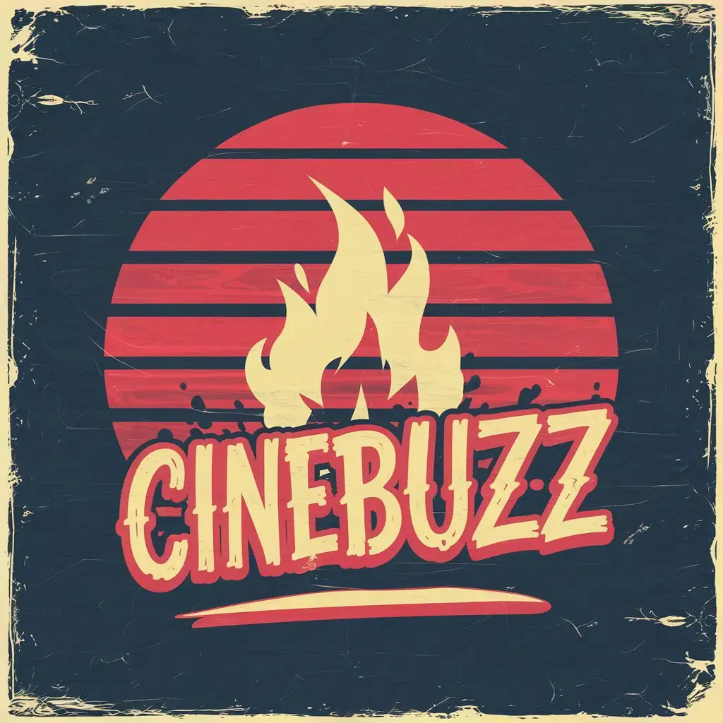 A 4k vector  design with a vintage retro sunset distressed red and blue style. There's a fire with the text 'cineBuzZ' in a graffiti typography style. The design is a 3d render of a sunset over a horizon.