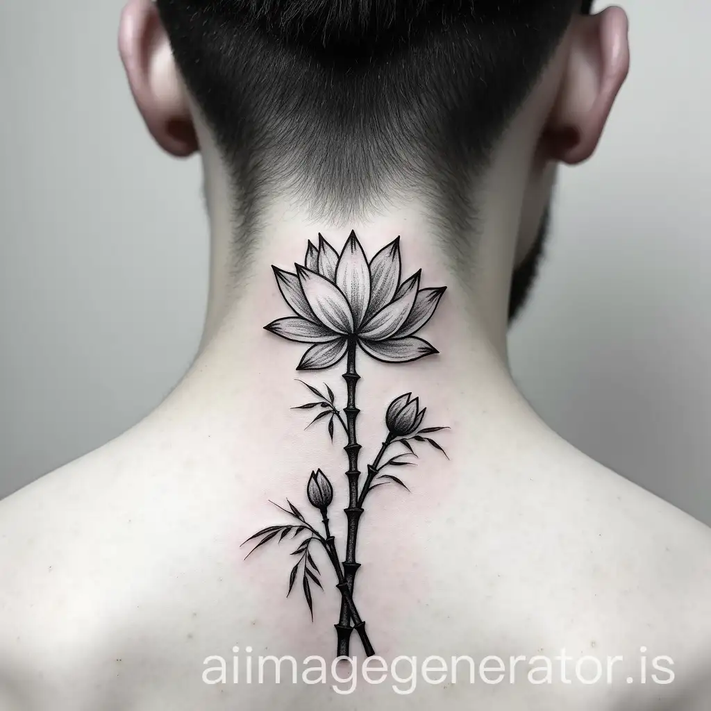 Stylized-Nordic-Bamboo-and-Lotus-Blossom-Tattoo-Design-for-the-Nape-of-the-Neck