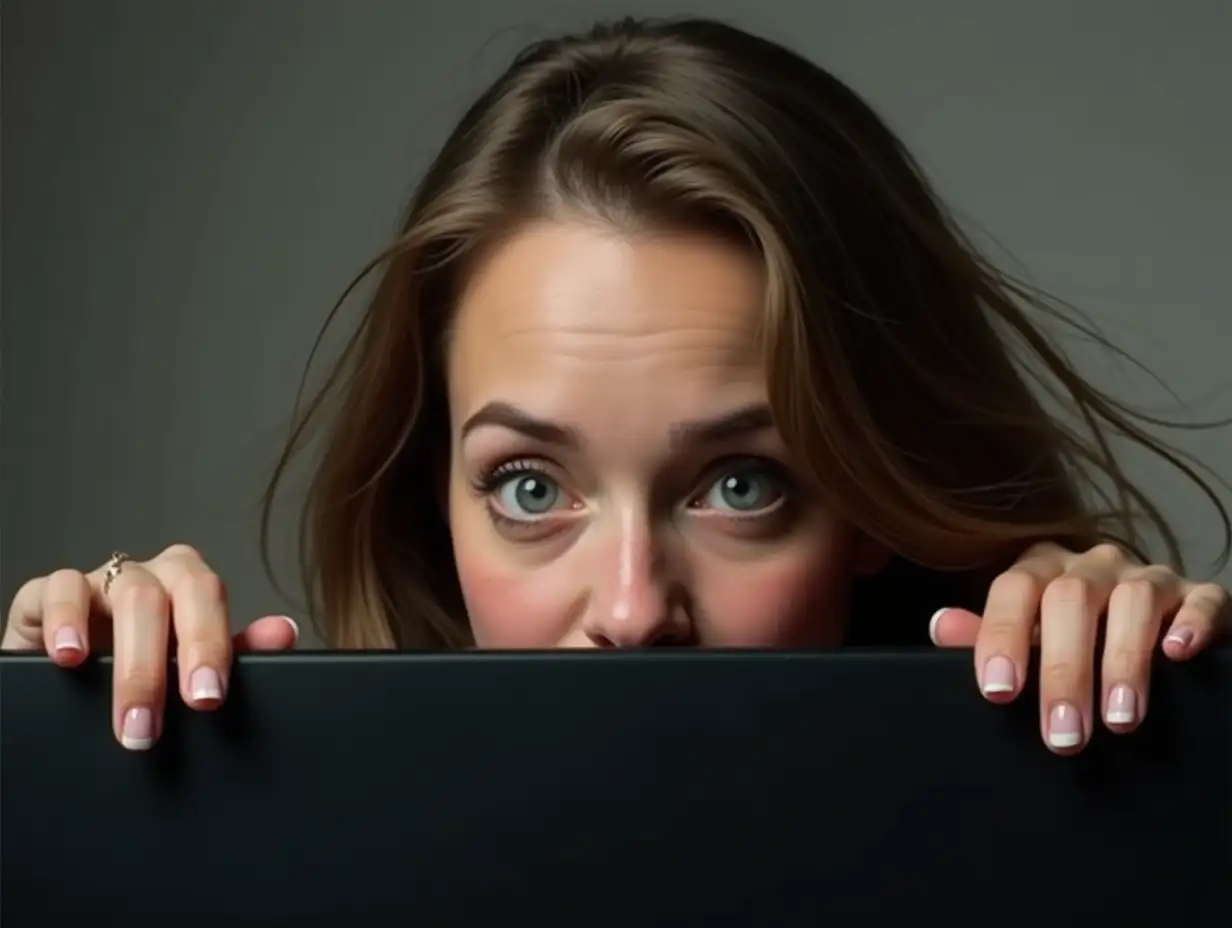 Woman-with-Playful-Expression-Peeking-Over-Smooth-Black-Surface