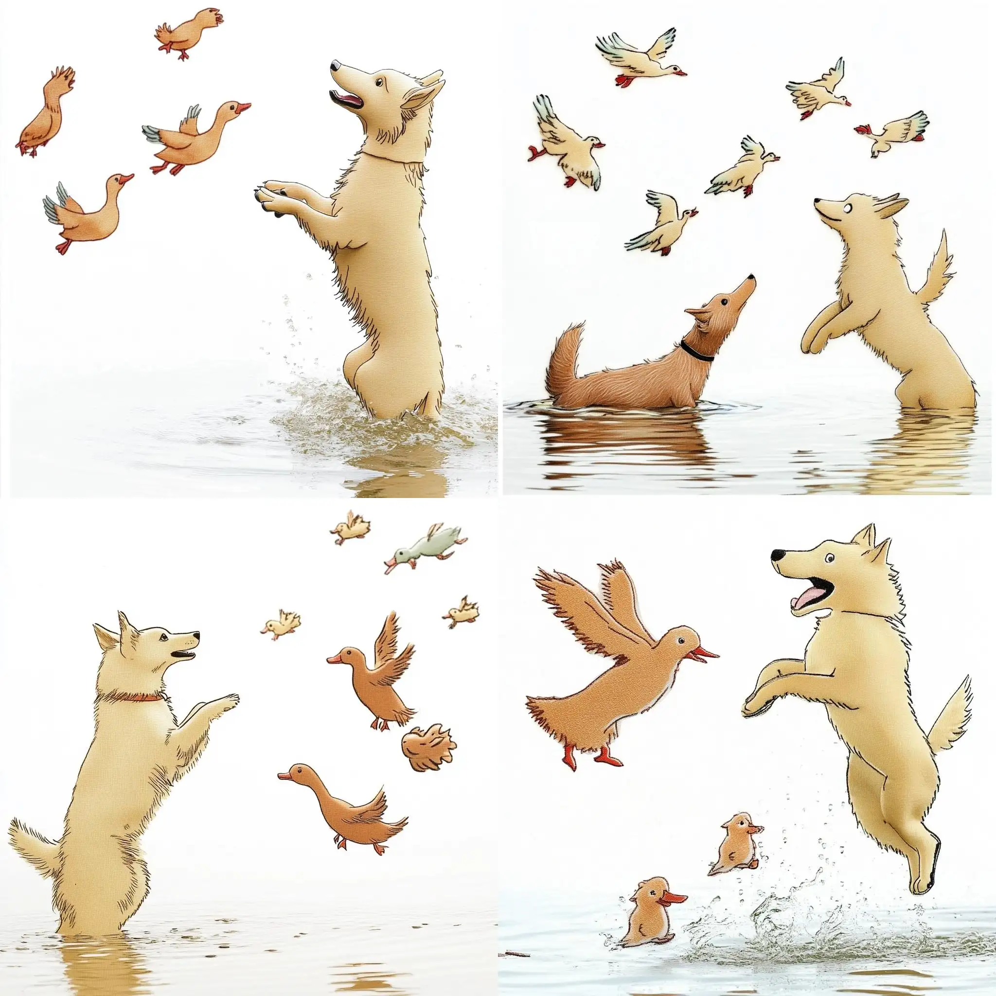 Dog-Jumping-to-Catch-Duck-in-Lake-on-White-Background
