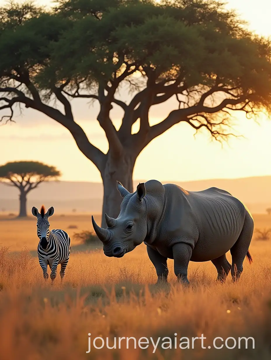 Cute-Rhino-and-Zebra-Under-Baobab-Tree-in-African-Savannah