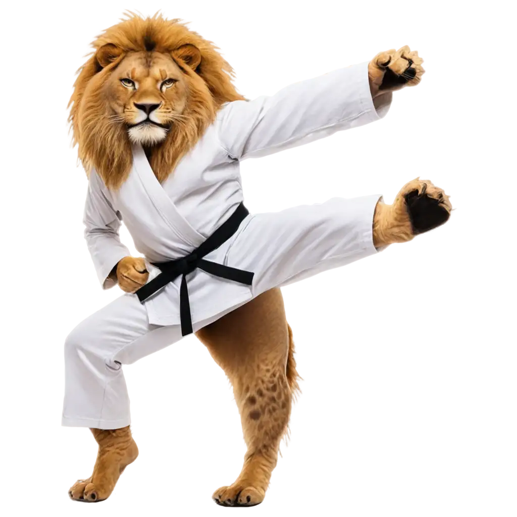 A lion doing karate kick in a plain white karate uniform