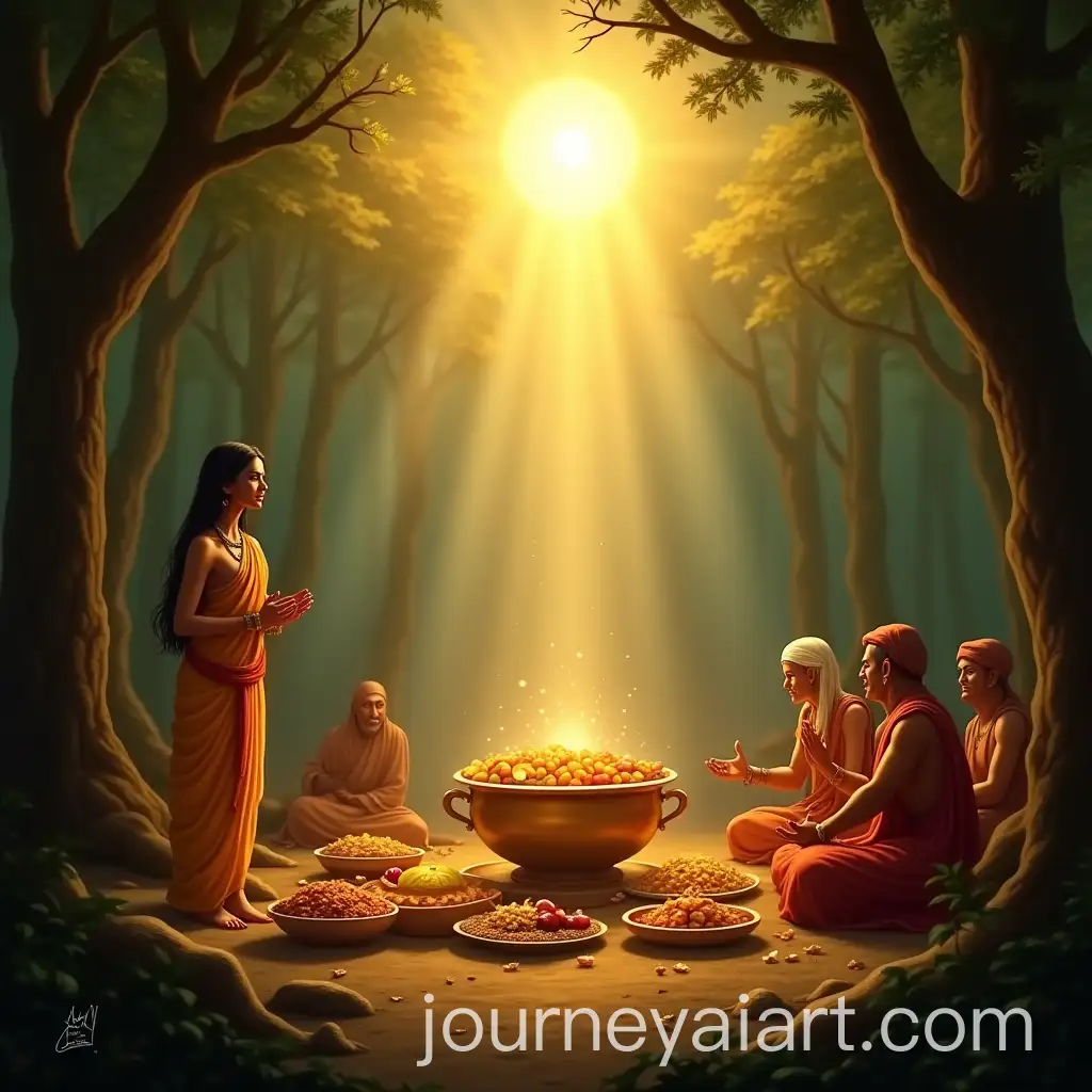 Sun-God-Blesses-Akshaya-Patra-in-a-Serene-Forest-Feast-with-Draupadi-and-Sages