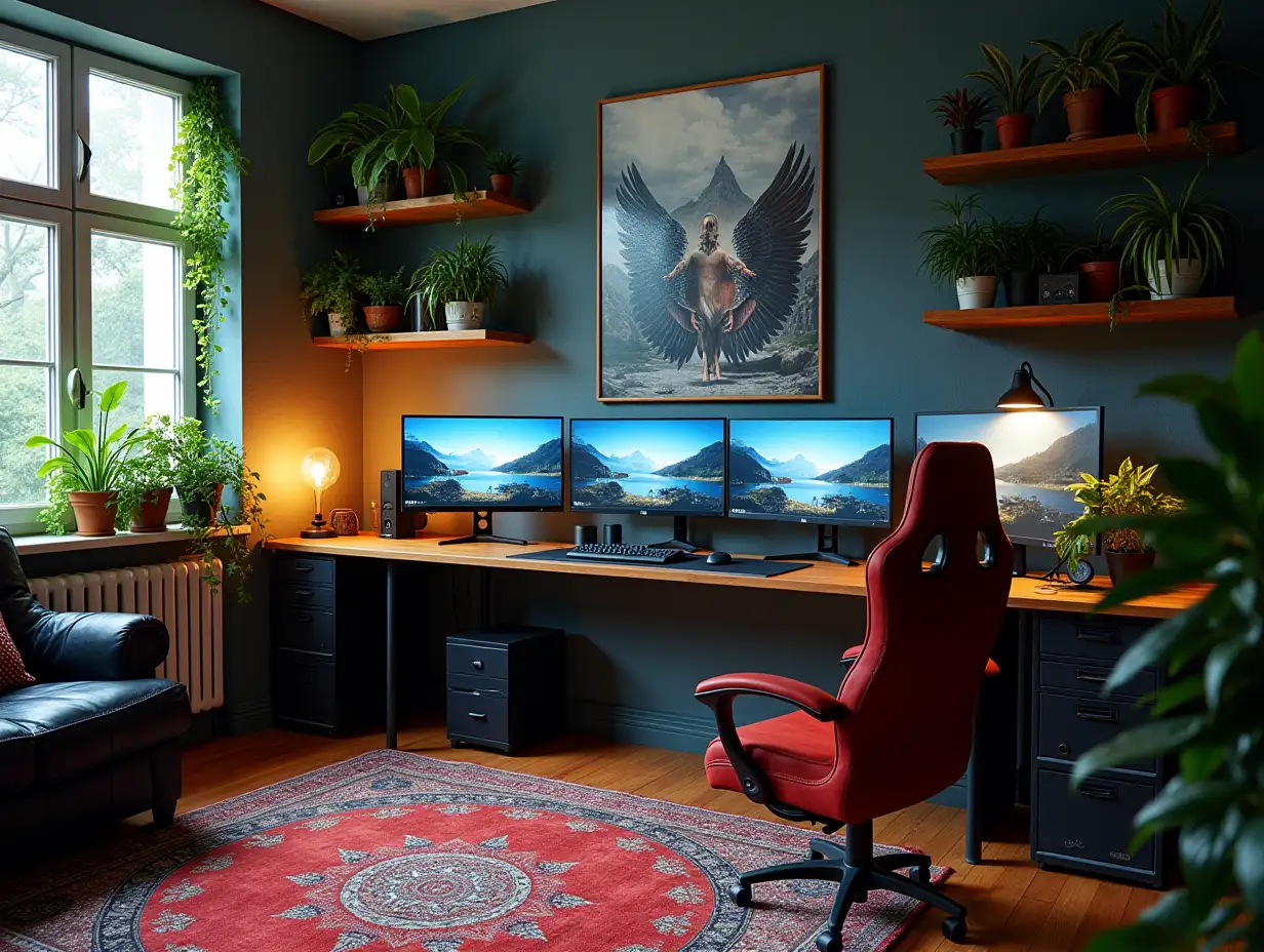 Gaming-Zimmer mit drei Monitoren hinten Regalen mit Teppich ,Beleuchtung with furniture very many hanging plants Plants with Attack on Titan Image on the wall Zen-Garden with carefully tended Felsen, a meditative 180 Grad Aufnahmen 8K-Auflösung Colorful