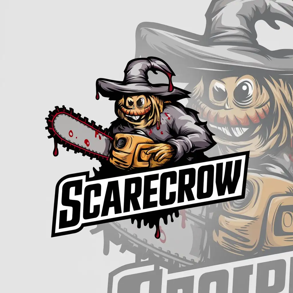 a logo design,with the text "Scarecrow", main symbol:Scarecrow with chainsaw, clean background,complex,be used in Entertainment industry,clear background