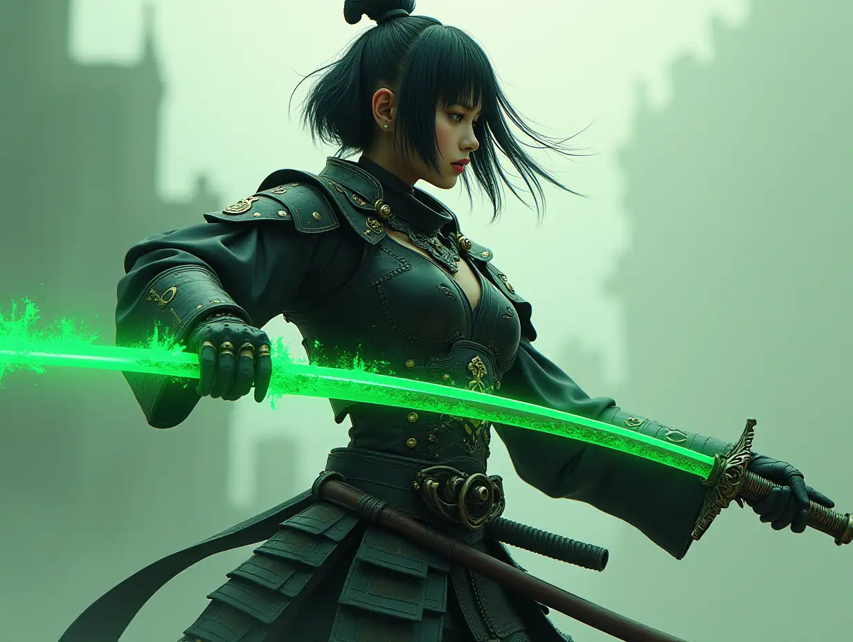 ultra-realism, A cyberpunk Fashionista, Mythpunk Cyberpunk,POWERFUL guan you samurai japanese girl WITH BIG greenfragon bladewith longhandle and short black hair , IN BATTLE, Intricately Designed Black and twohandsholdingGREEN samurai Armor, DARK AURA coming out of her body, Photograph Taken on Nikon D750, Intricate, Elegant, Digital Illustration, Scenic, Hyper-Realistic, Hyper-Detailed, 8k Dark Influence , NijiExpress 3D v3, Kinetic Art, Datanoshing, Oilpainting, Ink v3, Splash style, Abstract Art, Abstract Tech, CyberTech, Futuristic, Epic style, Illustrated v3, Deco Influence, AirBrush style, drawing, Geo2099 style, Mixpnk, Nanopunk, Metalic Effect,perfect anatomy  with beauty tattoo in full gear and  mechanical arms   jump and   super trick,  in   battle fly in the sky