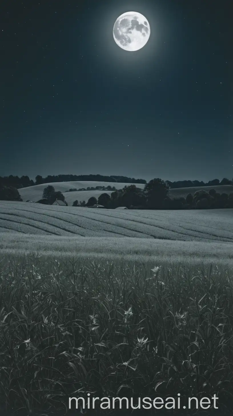 Moonlit Fields Landscape with Tranquil Night Sky