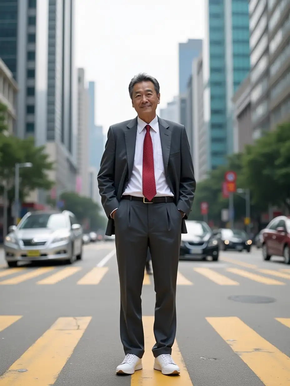 A 50-year-old Chinese man with short black hair and some gray, wearing a dark gray suit, white shirt, red tie, and white low-top BLIZZARD WHITE OIVIO FIT sneakers, standing at a crosswalk in Central, Hong Kong. Tall skyscrapers and busy streets in the background, realistic photographic style, morning light, clear focus on the man and his shoes.