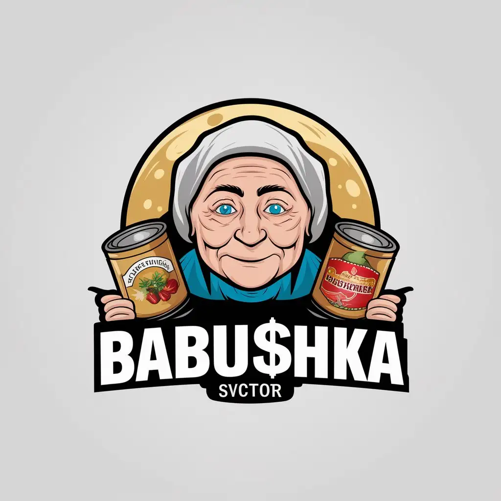 a vector logo design,with the text "Babu$hka", main symbol:funny russian granny with smile and blue eyes, cans of preserves, moon in the background,complex,be used in Finance industry,clear background