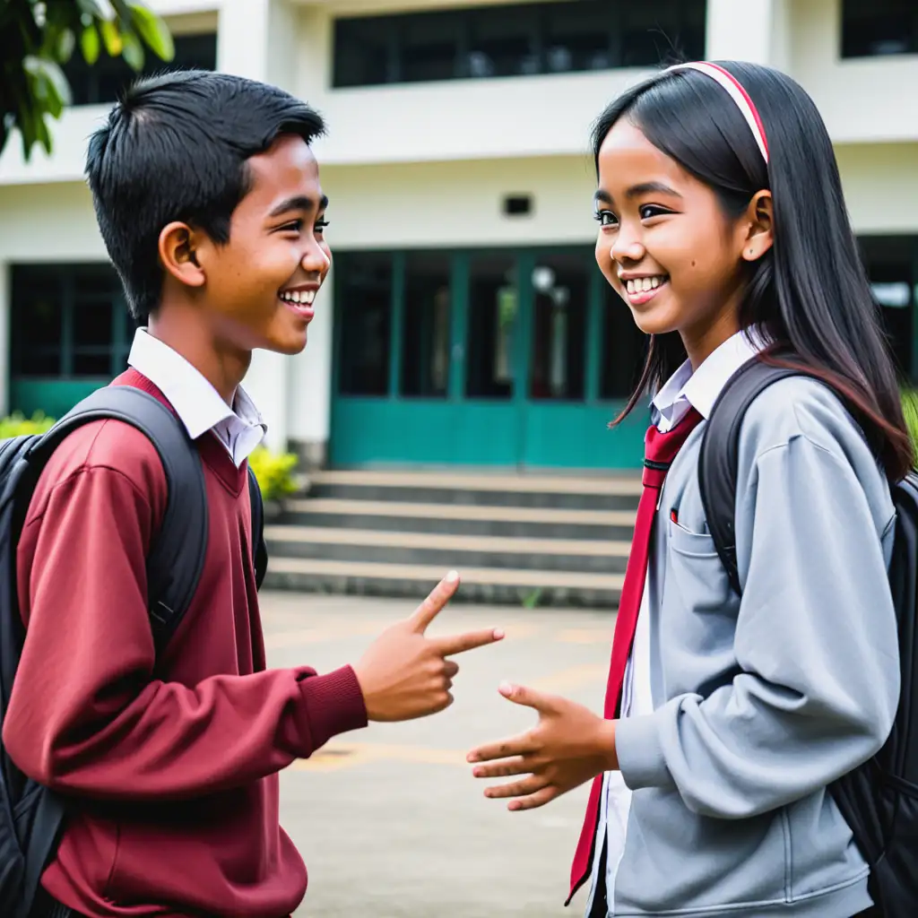 Two-Indonesian-Students-Chatting-Happily-in-Front-of-School