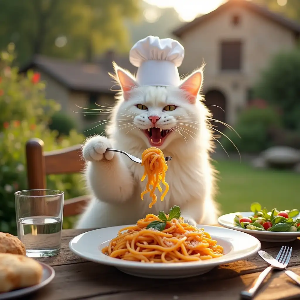 The fluffy white cat, now without its chef’s hat, is sitting upright on a wooden chair at the rustic wooden table. It holds a fork in its right paw, twirling a generous portion of pasta, while its left paw rests on the table. The cat’s comically large grin shows its delight as it prepares to take a bite. The white ceramic plate in front of it is filled with vibrant pasta garnished with fresh basil and parmesan. Beside the plate are a glass of water, a small bowl of salad, and a piece of crusty bread. The warm sunlight filters through the lush garden, with rustic cottages in the background, creating a cozy, satisfying scene that perfectly complements the whimsical charm of the cat.