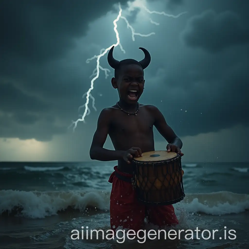 angry shirtless  black boy with horns red pants at sea playing african drums dark clouds lightning