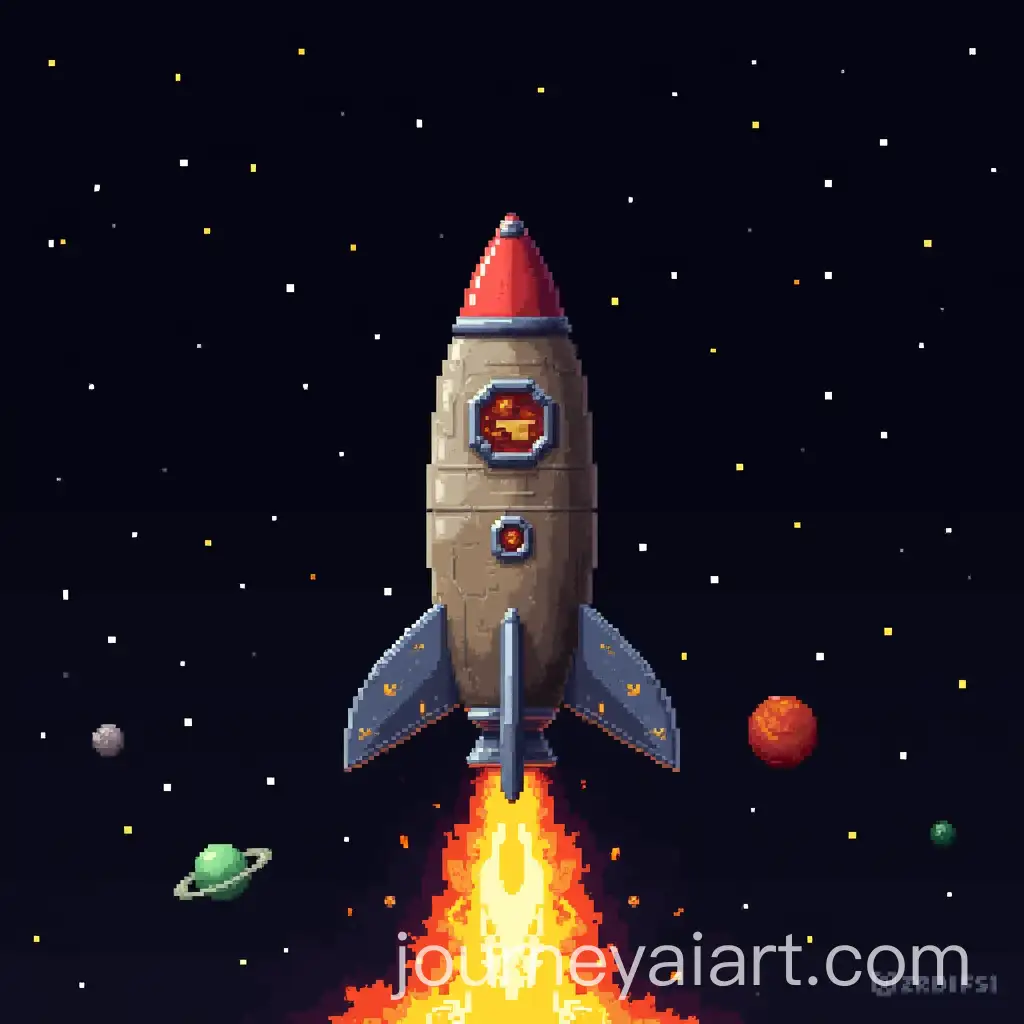 Pixel-Art-Dwarf-Rocket-in-Space-with-Vibrant-Red-Nose-Cone-and-Dwarf-Engraved-Fins
