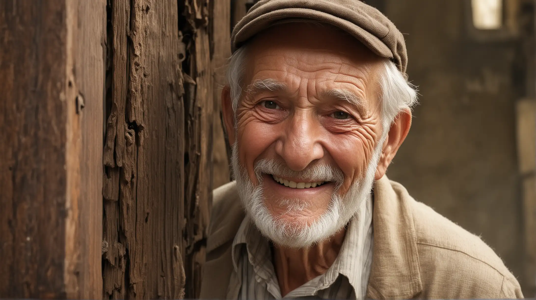 Old Man Smiling and Beckoning Towards Open Doorway