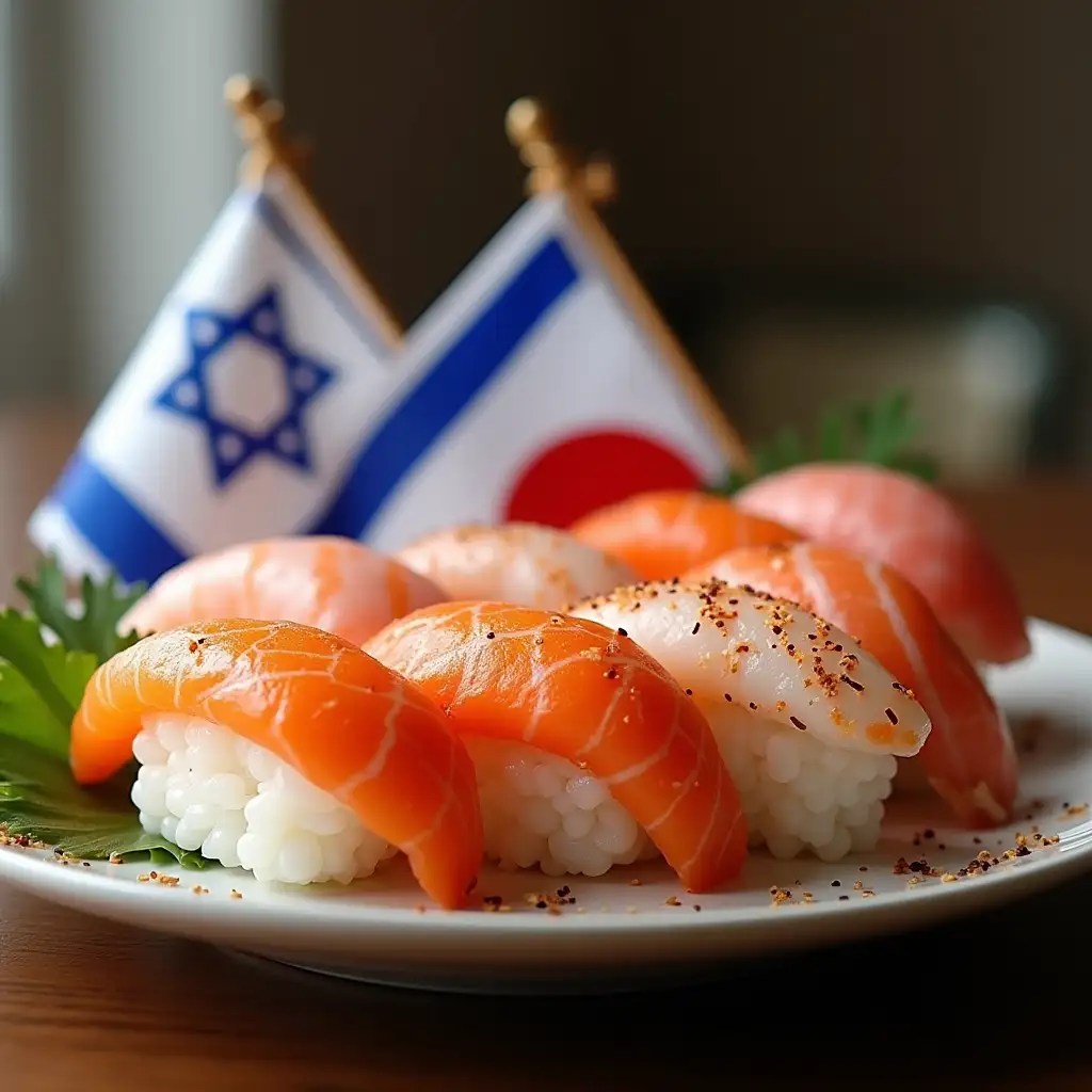 A highly realistic image of a plate with high-quality, luxurious sushi. In the background, there are three different flags: Japan, Israel, and France.