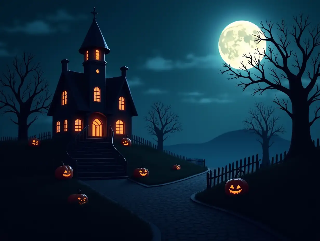 halloween night scene mansion on full moon ai generated art