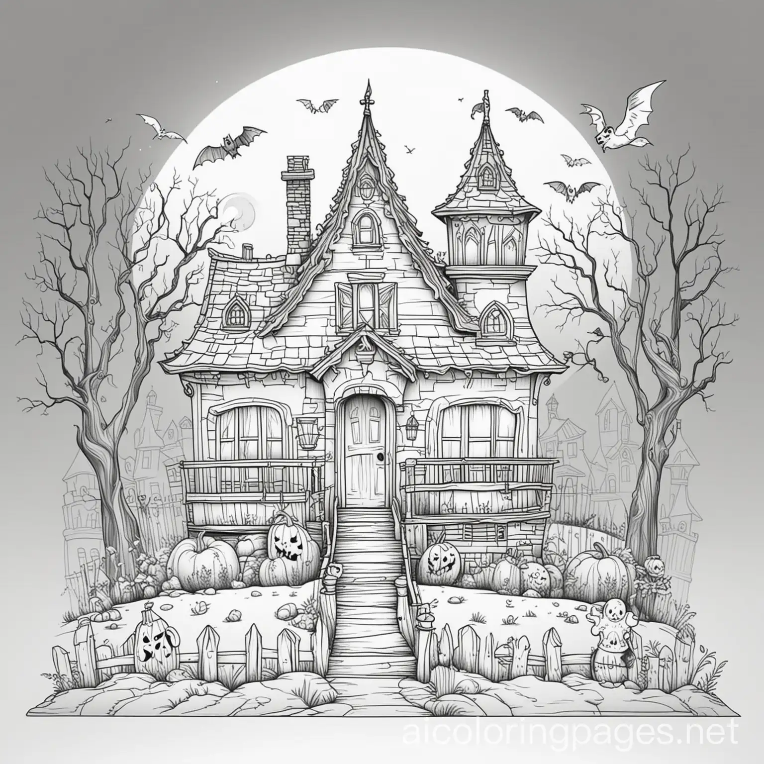 haunted house for kids, Coloring Page, black and white, line art, white background, Simplicity, Ample White Space. The background of the coloring page is plain white to make it easy for young children to color within the lines. The outlines of all the subjects are easy to distinguish, making it simple for kids to color without too much difficulty