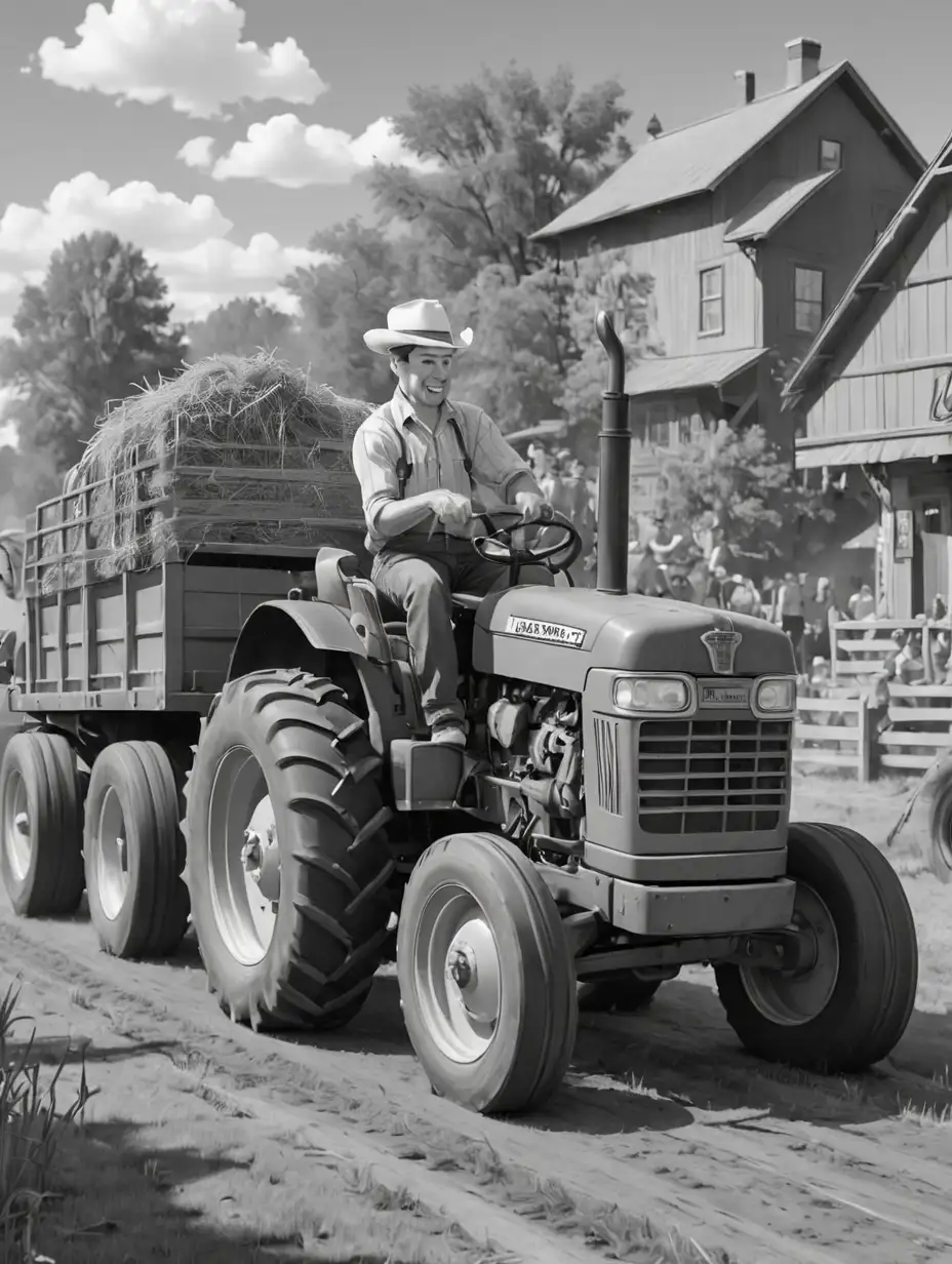 Cartoon Tractor Pulling Hayride in Black and White