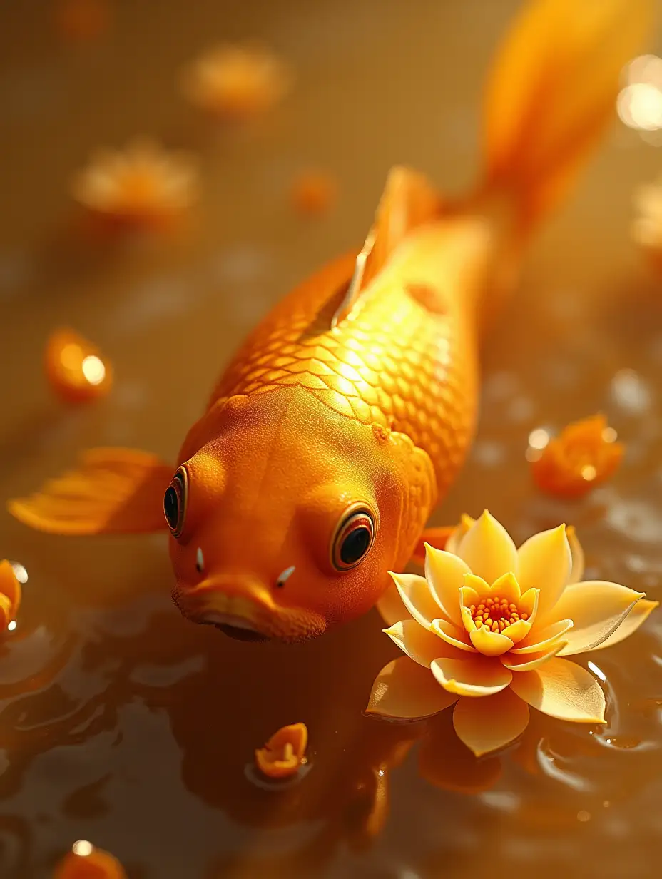 Golden koi fish, gold lotus flower, golden clear water surface, close-up shot, extreme close-up shot, lively detailed depiction, 8k quality, clear picture, vivid depiction