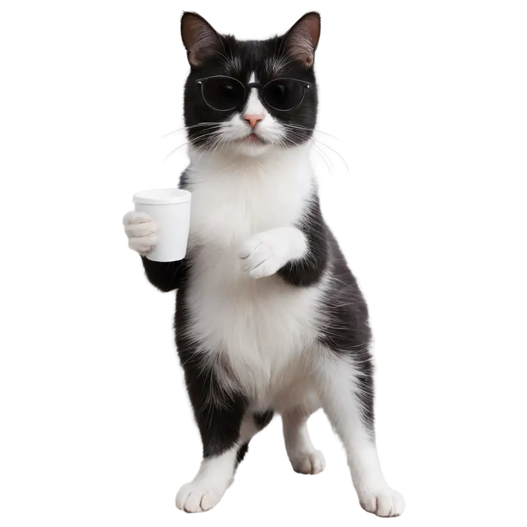 white and black cat drinking coffee with sunglass