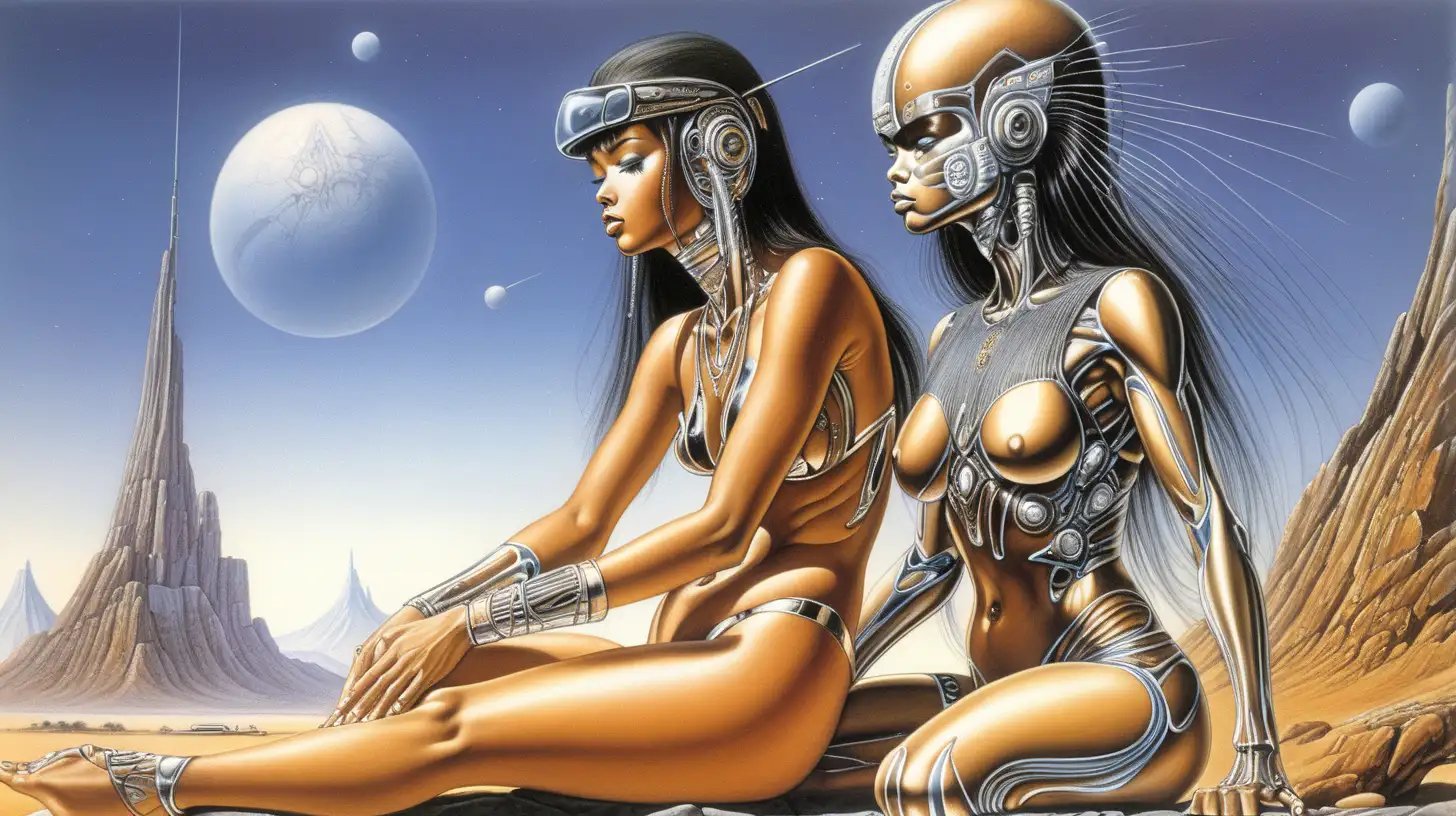 1970s Airbrush SciFi Art by Hajime Sorayama Featuring Ancient Tribal Female Biomechanoids