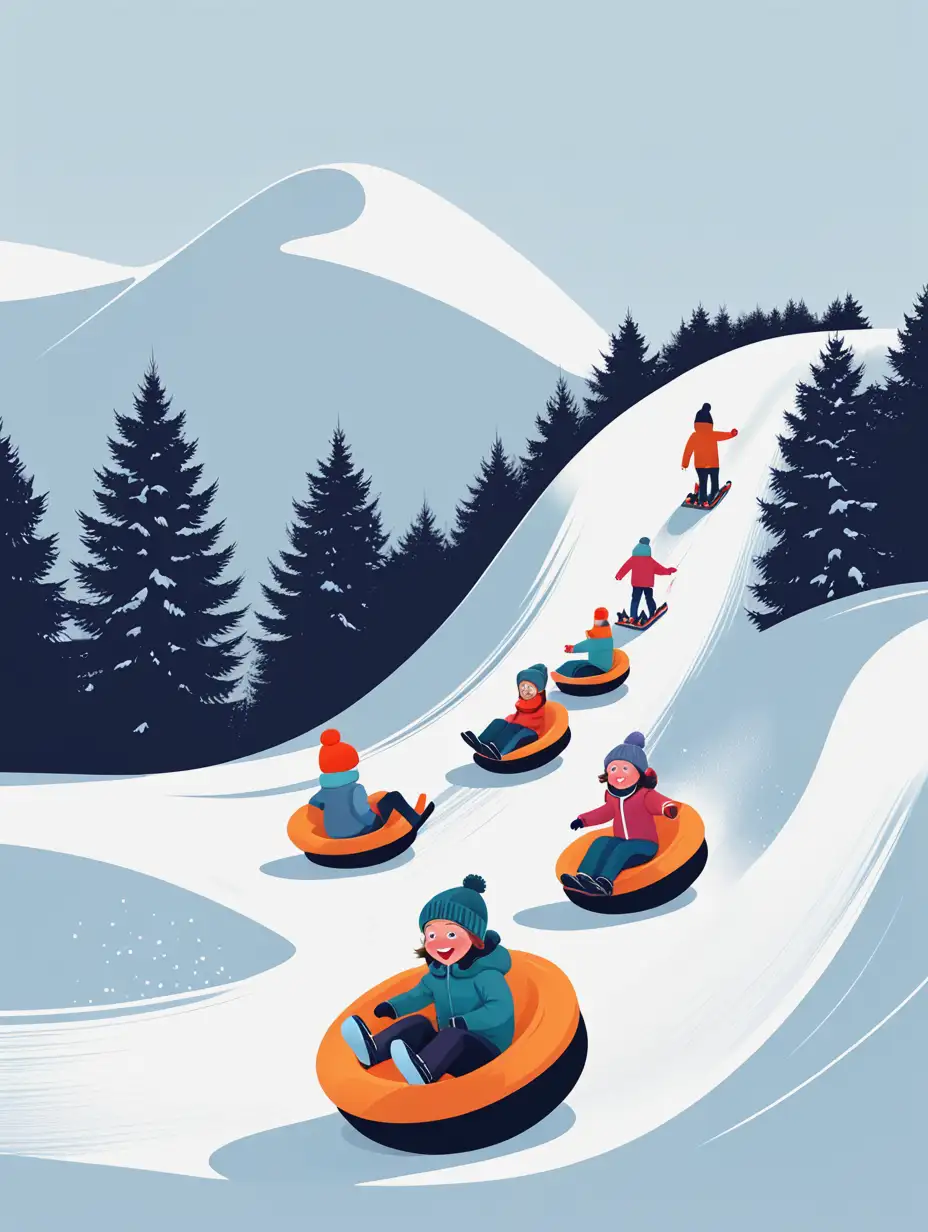 Children Sledding on Snow Tubes Downhill