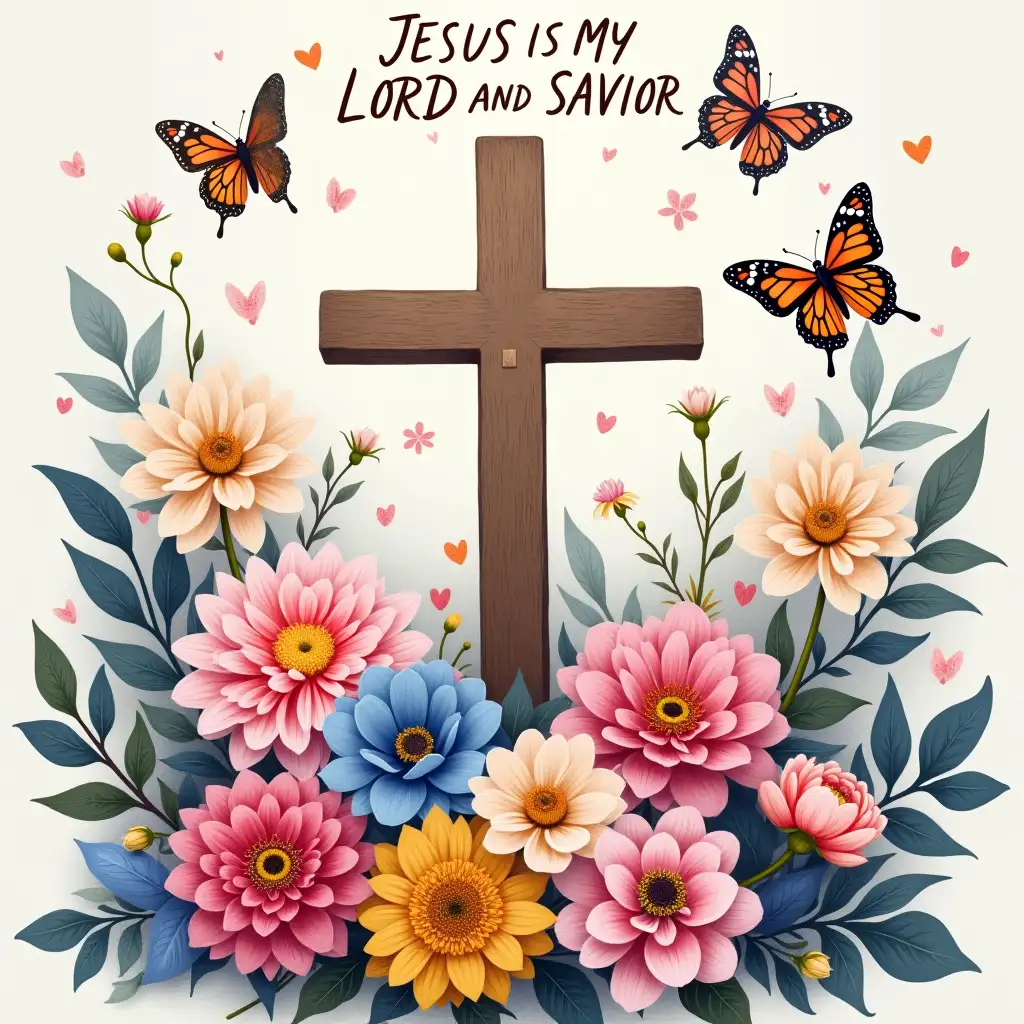 Vector, Oil painting. A cross is surrounded by a vibrant floral arrangement featuring dahlias, chrysanthemums, peonies, and anemones in various shades of pink, blue, and yellow. Butterflies flutter around the cross small and the flowers. The phrase 'JESUS IS MY LORD AND SAVIOR' in bold. The image should have a romantic, uplifting aesthetic with detailed textures and vibrant colors. Elements such as the petals of the flowers, the wings of the butterflies, and the cursive style of the lettering should be clearly visible.