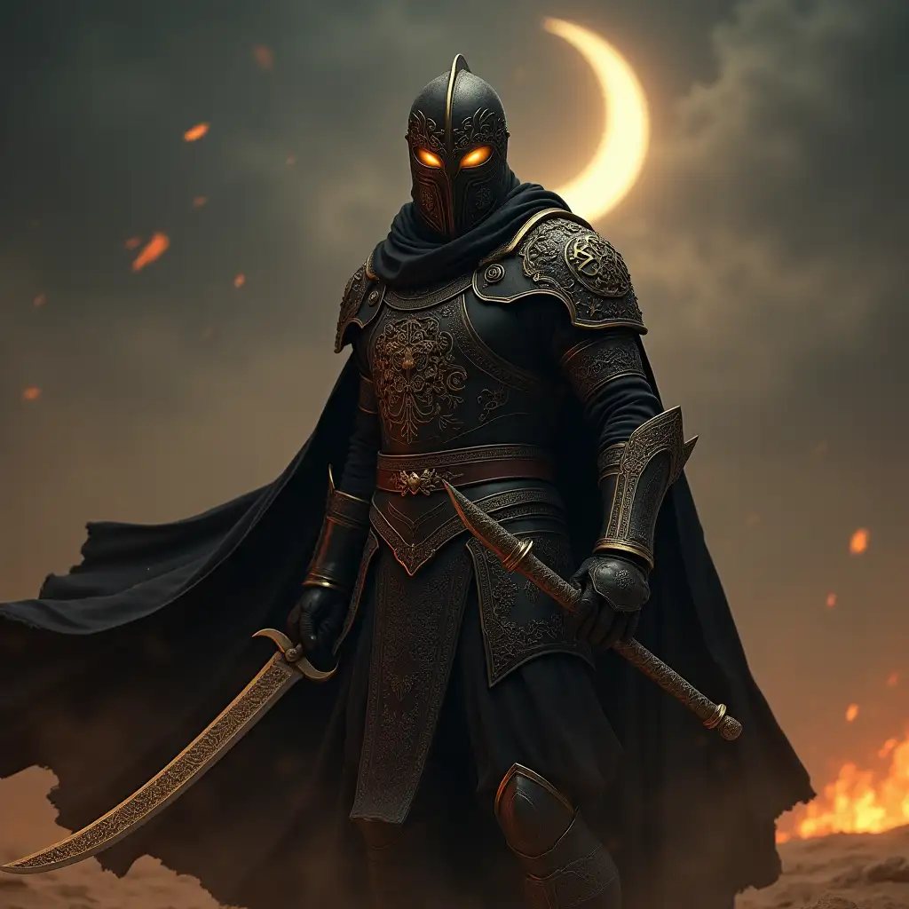 A fierce warrior in black and gold armor, inspired by medieval Islamic knights, standing with a powerful stance. The helmet has a subtle lion engraving, glowing golden eyes visible beneath. A flowing dark cape moves with the wind, and the warrior holds a curved scimitar with intricate Arabic calligraphy on the blade. The background is a mystical desert battlefield under a crescent moon, with embers and dust in the air. The overall lighting is dramatic, with shadows enhancing the warrior’s intensity. Cinematic, high detail, ultra HD, fantasy realism.