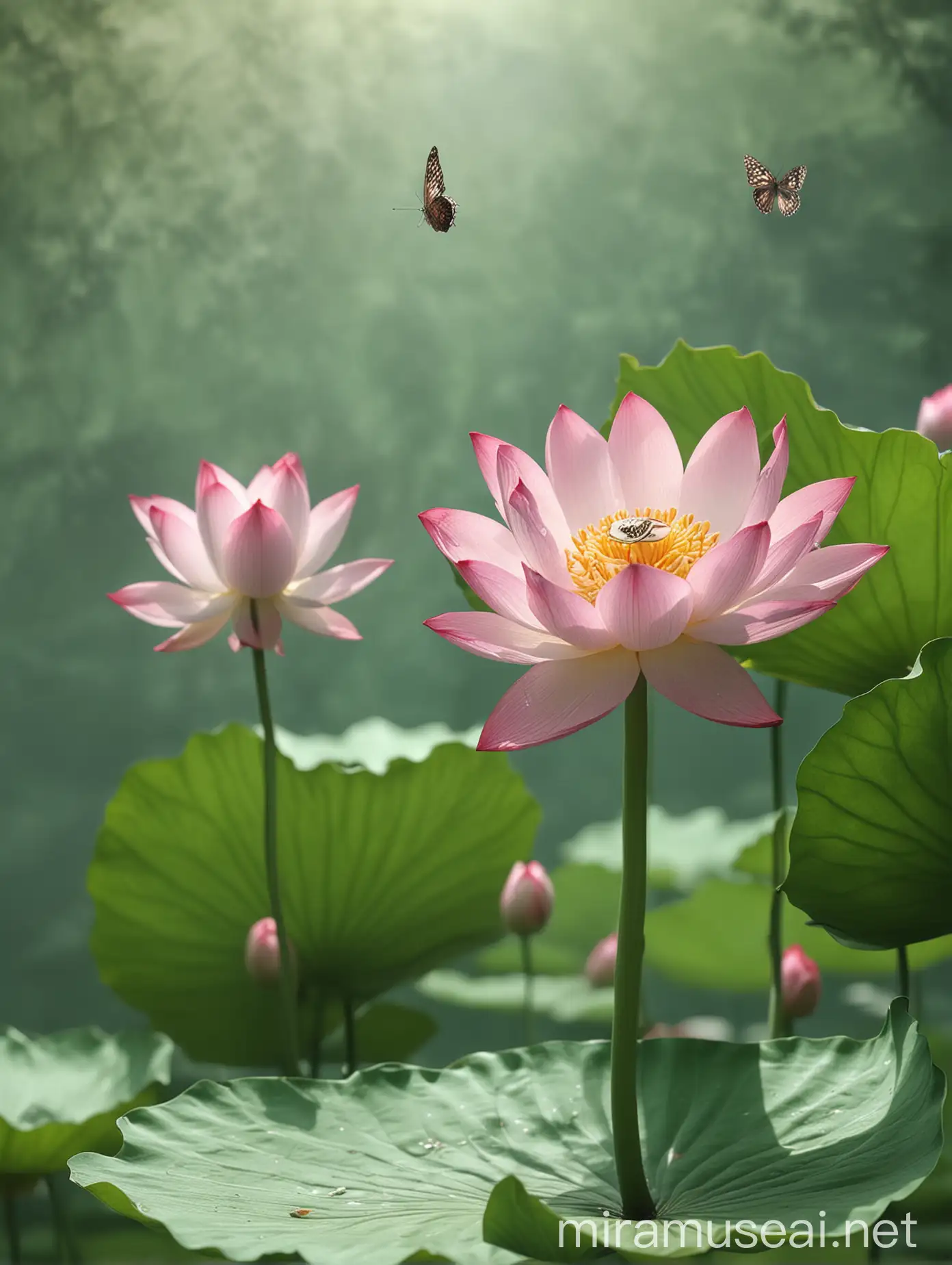 Elegant Pink Lotus Flower with Butterfly and Bud on Leaf