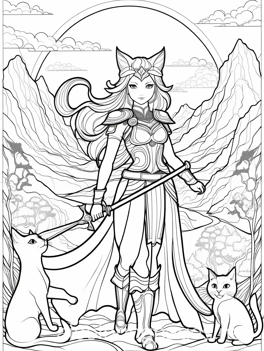 Neko-Warrior-Princess-Leading-Her-People-in-a-Mythical-Land-Coloring-Page