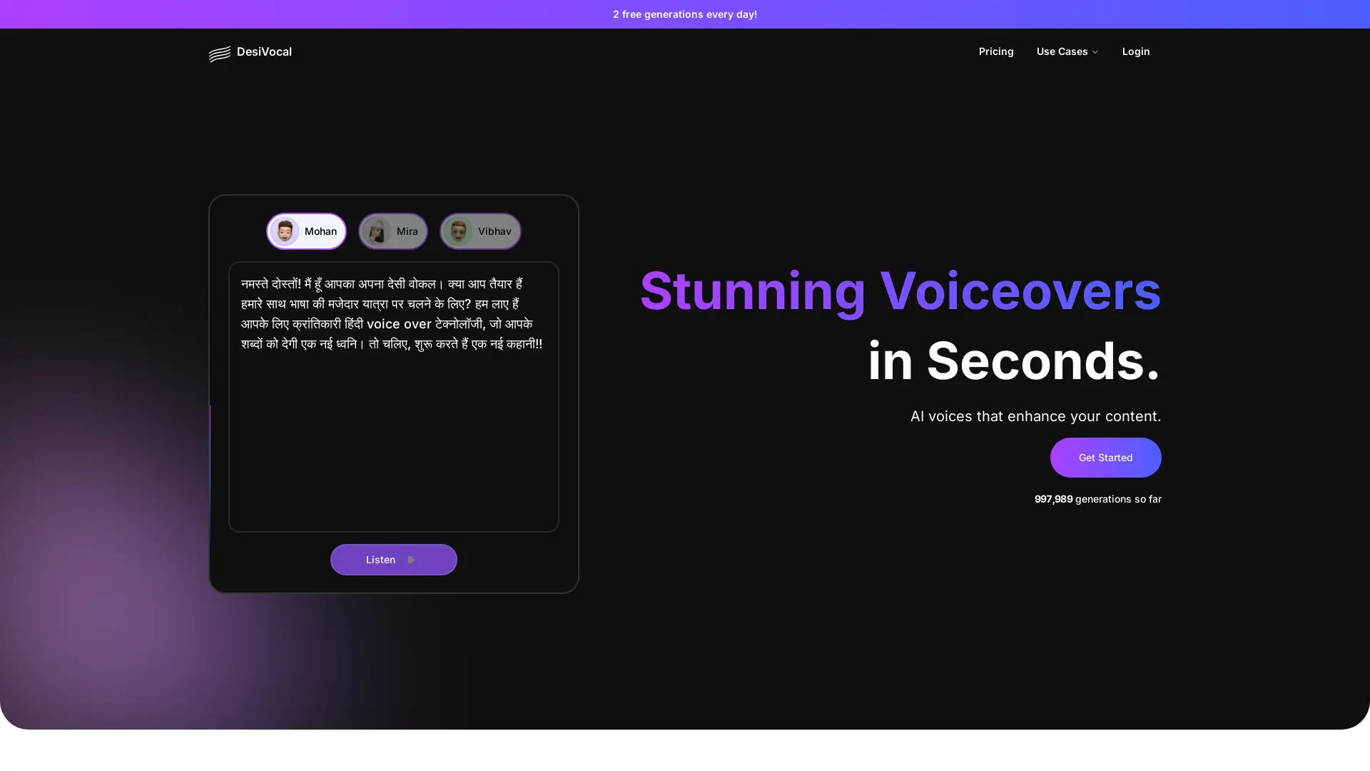 AI-powered text-to-speech for authentic Indian voiceovers.