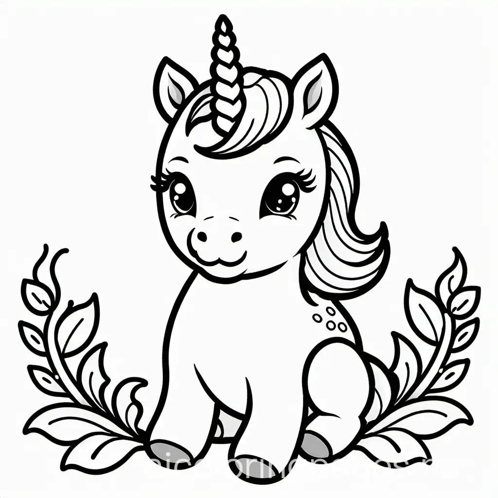 Cute baby unicorn, Coloring Page, black and white, line art, white background, Simplicity, Ample White Space. The background of the coloring page is plain white to make it easy for young children to color within the lines. The outlines of all the subjects are easy to distinguish, making it simple for kids to color without too much difficulty