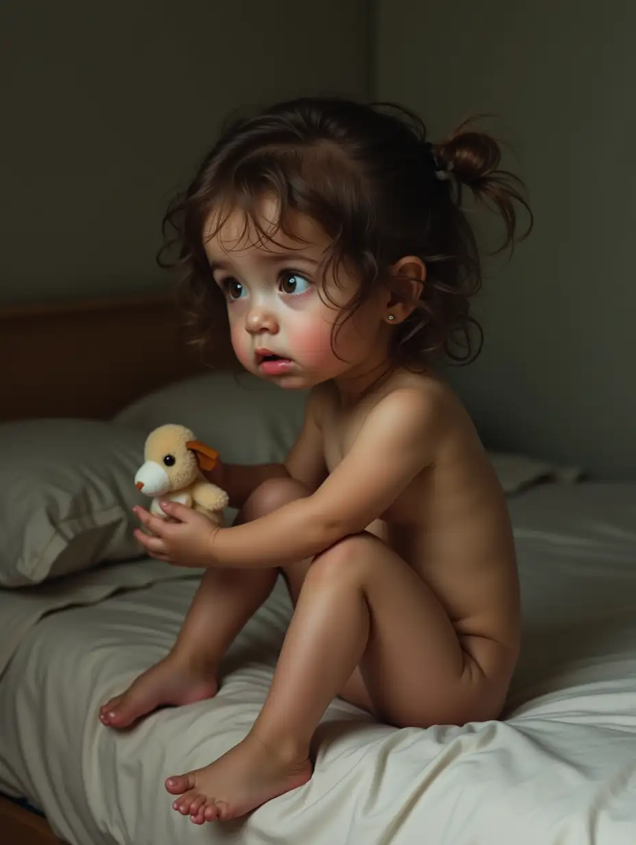 Slender-Girl-with-Toy-Animal-Sitting-on-Bed-Showing-Worried-Expression