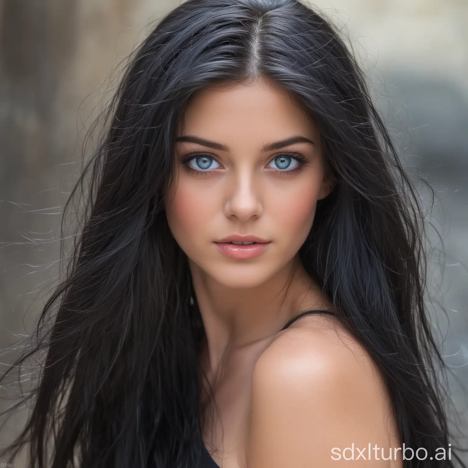 beautiful young woman with long black hair and blue eyes