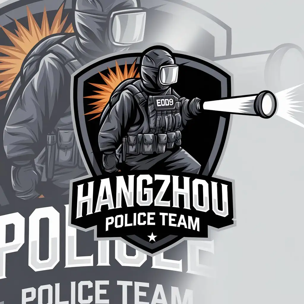 a vector logo design,with the text "hangzhou police team", main symbol:A person wearing EOD9 carries a flashlight looking for bombs exploding effect,complex,be used in police industry,clear background