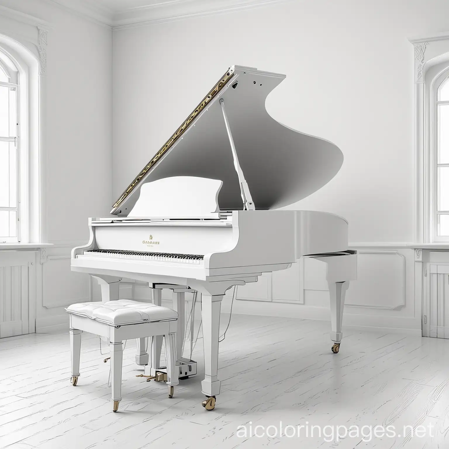 a grand piano in a room
, Coloring Page, black and white, line art, white background, Simplicity, Ample White Space. The background of the coloring page is plain white to make it easy for young children to color within the lines. The outlines of all the subjects are easy to distinguish, making it simple for kids to color without too much difficulty