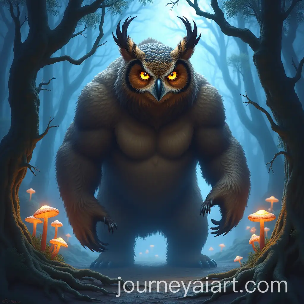 Mythical-OwlBear-Creature-in-Enchanted-Forest-with-Glowing-Mushrooms