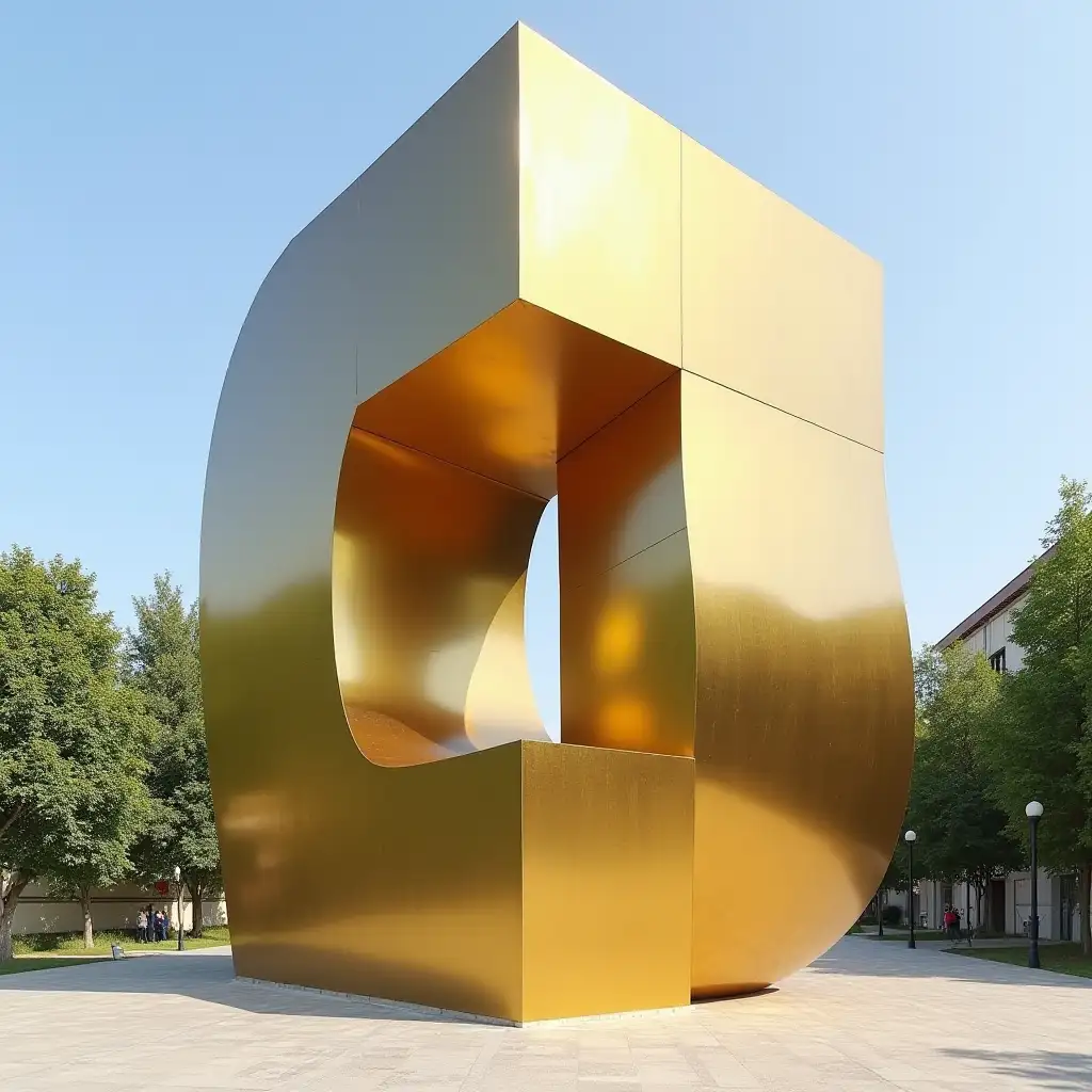 a giant metallic art installation that is colored in a semi-gloss metallic gold color. The installation is outdoors on a sunny day. There are no people in the picture.