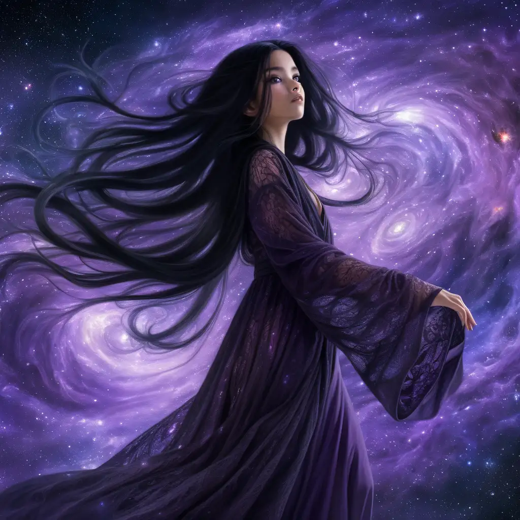 Mystical Girl Floating in Nebula with Purple Eyes and Flowy Robe