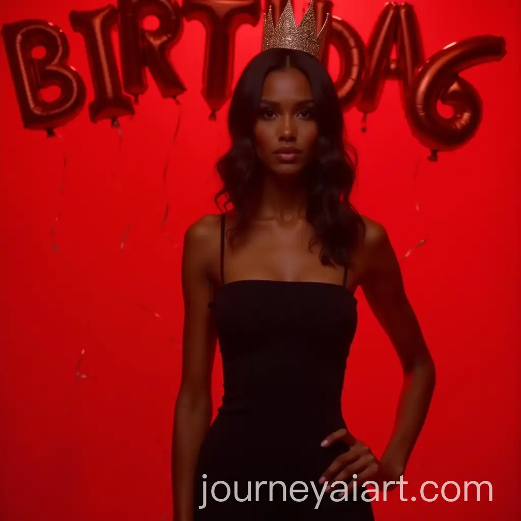 Black-Lady-in-Tight-Black-Dress-with-Birthday-Crown-and-Red-Balloon-Theme-for-26th-Birthday