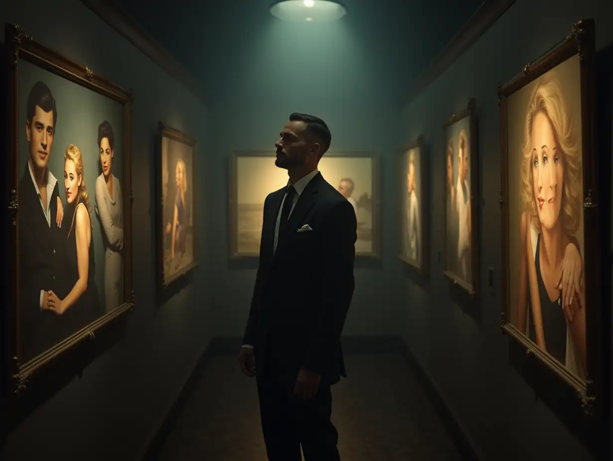 1930s-Stylish-Man-in-Elegant-Suit-with-Floating-Paintings-of-Past-Memories