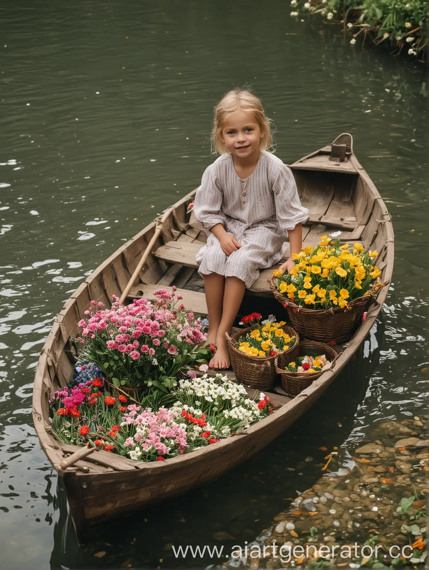 Child-Sitting-in-Boat-with-Flower-Baskets