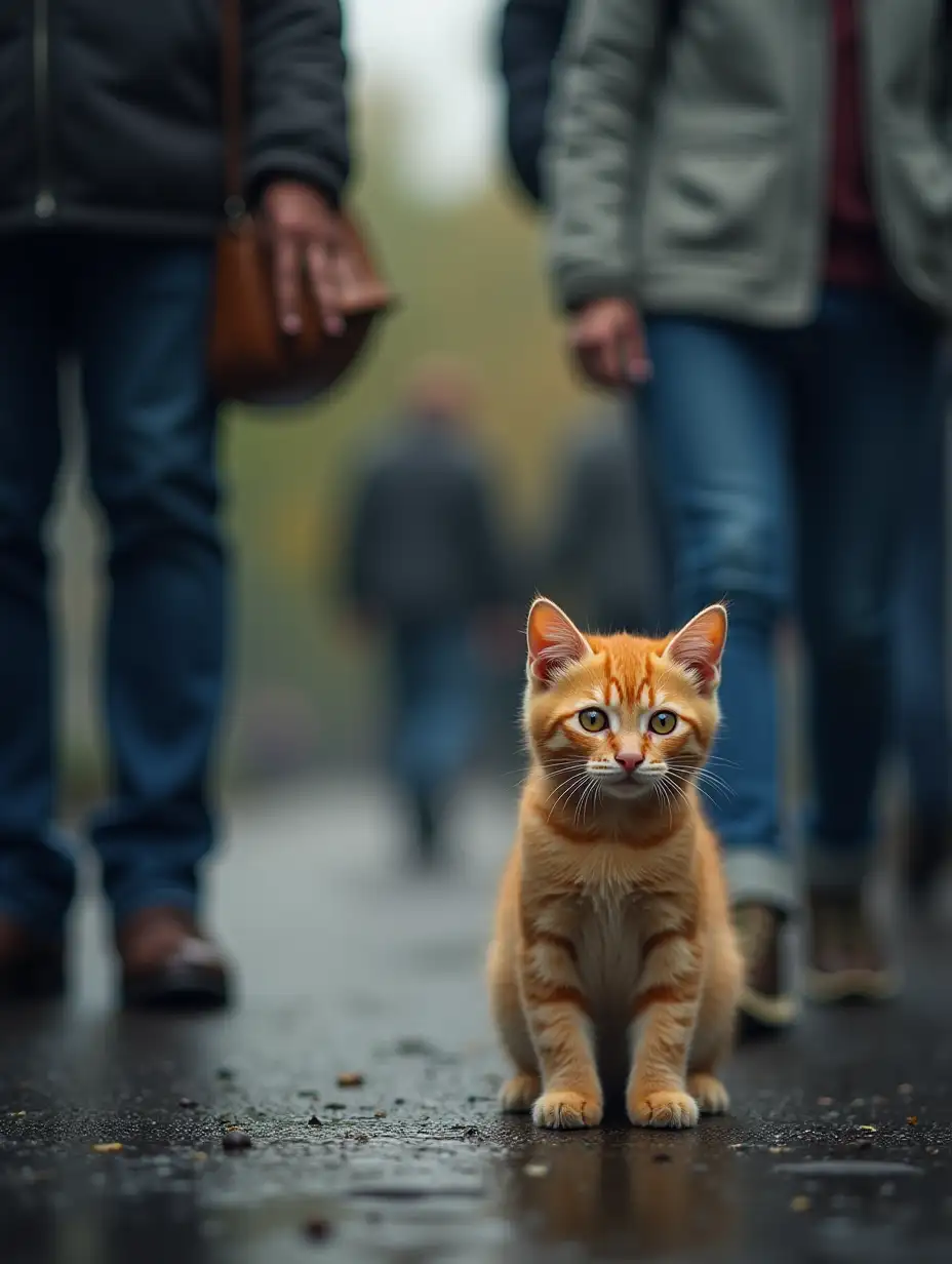 standing baby cat being ignored by humans, humans walking beside, standing like a human, standing in two legs, orange cat, begging for money, sad scene, raining, good contrast, high resolution photo, open shot, face to camera