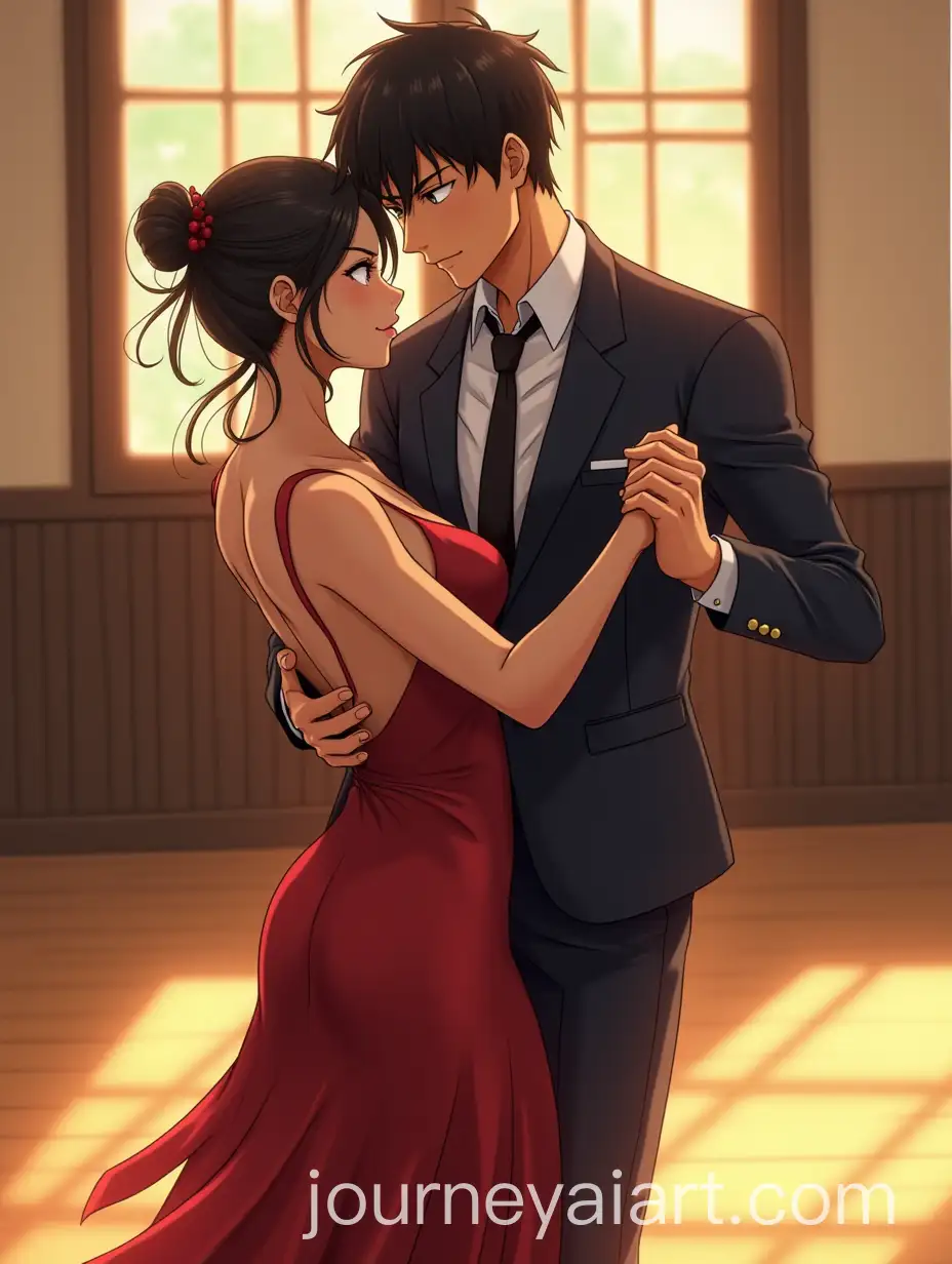 Anime-Style-Tango-Dance-BiRacial-Couple-in-High-School-Hall