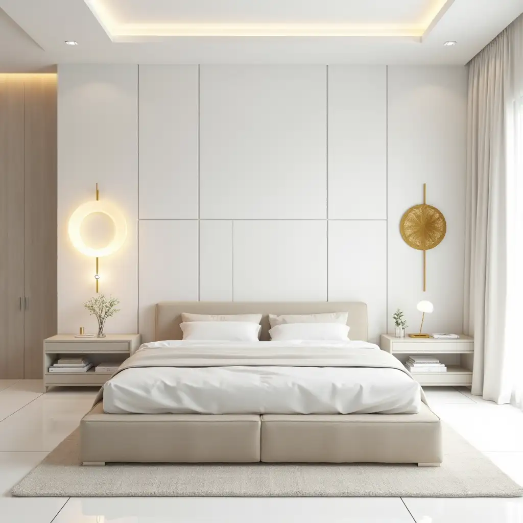 A large modern style bedroom, in white colors, wall in the background of white square panels, between the panels, different shapes, a gold insert in the middle of a beige bed with a soft headboard, on the wall a rectangular light fixture