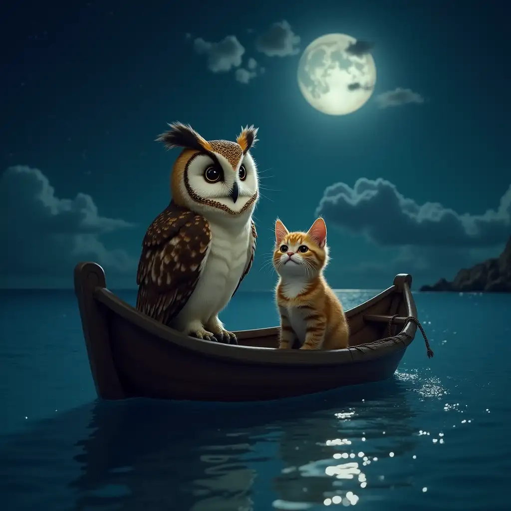 Owl and Cat in Boat on Ocean at Night