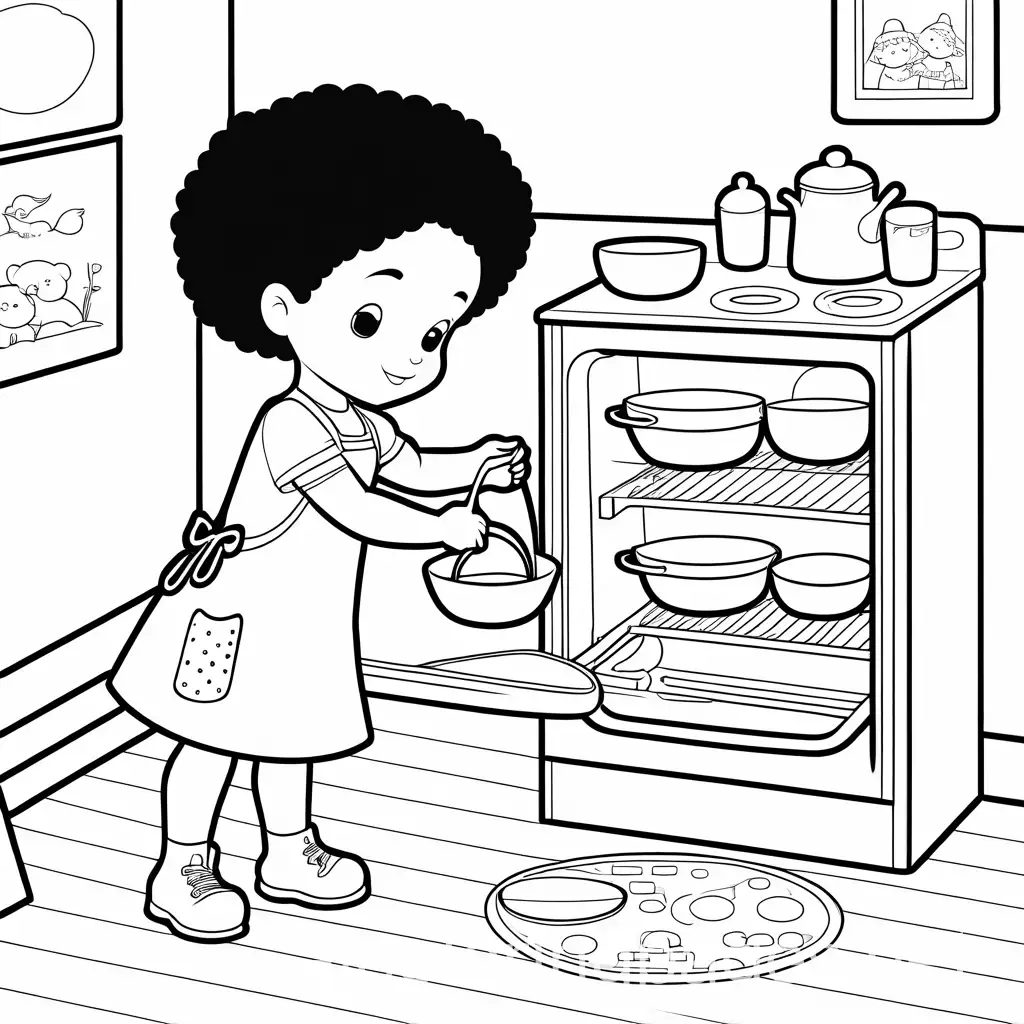 Biracial-Little-Girl-Playing-with-Toy-Kitchen-in-Bedroom-Coloring-Page